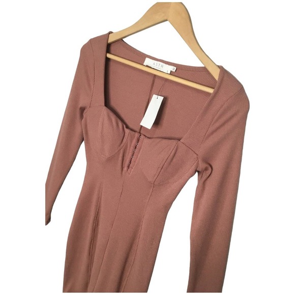New ASTR The Label Ribbed Long Sleeve Hook Eye Front Bodycon Dress Blush S - Picture 4 of 12
